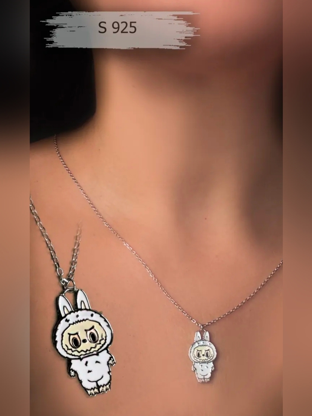 Sterling Silver White Labubu Charm Necklace - S 925